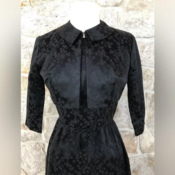 Vintage 50s Black Floral Brocade Dress Set with Kitten Bow Waist Audrey Hepburn - Picture 10 of 16